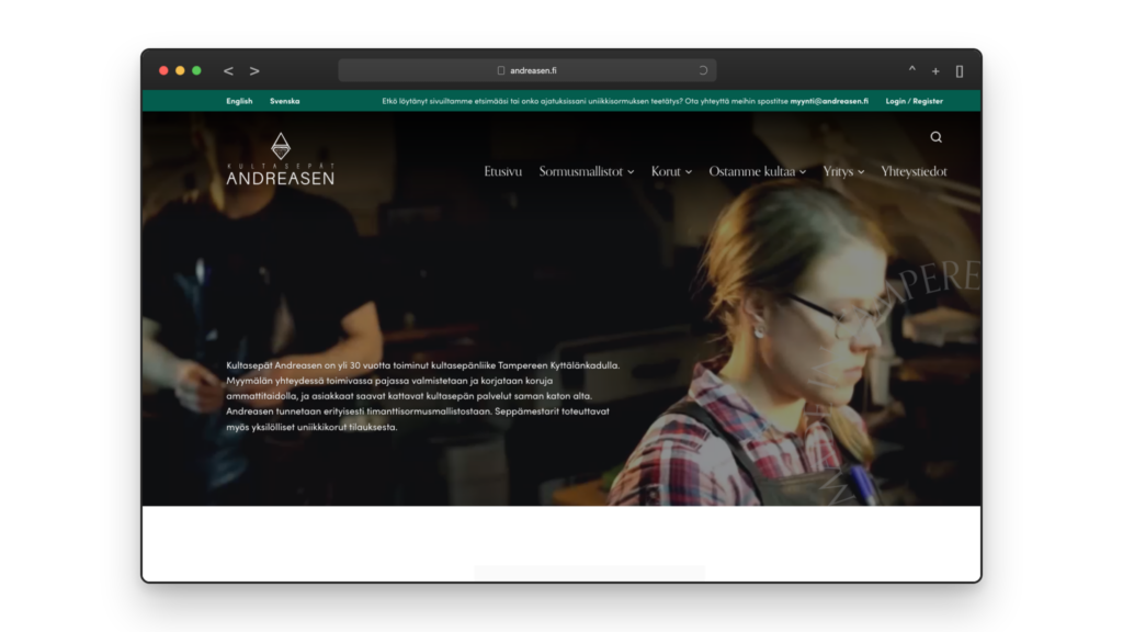 Kultasepät Andreasen-referenssi selaimenäkymässä